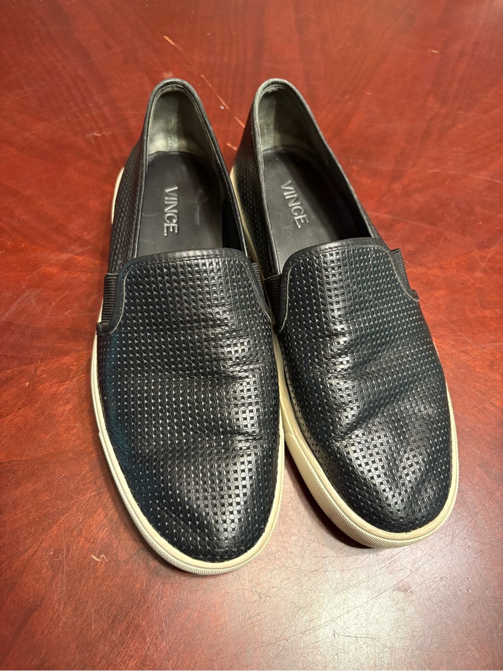 Vince Blair Black Perforated Leather Slip-On Flats with Off-White Sole